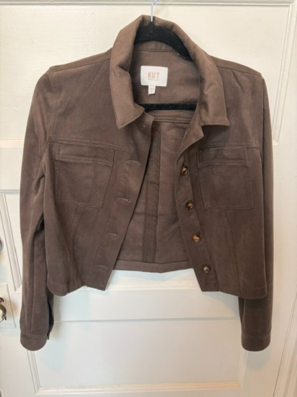 KUT from the Kloth | Brown Faux Suede Cropped Trucker Jacket